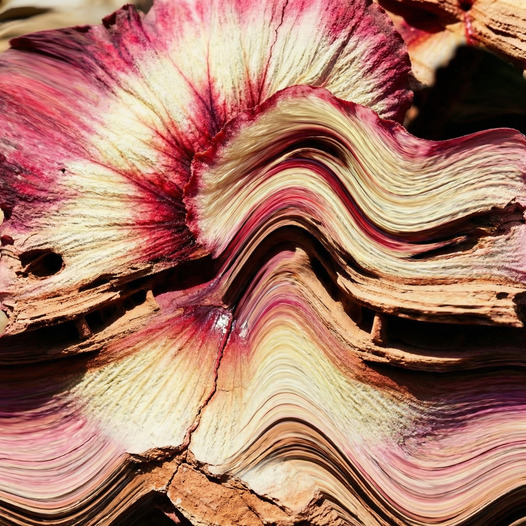A distorted version of the combined flower and rock image showing layered wave forms in pink, cream, and sandstone tones with a smooth undulating surface. 