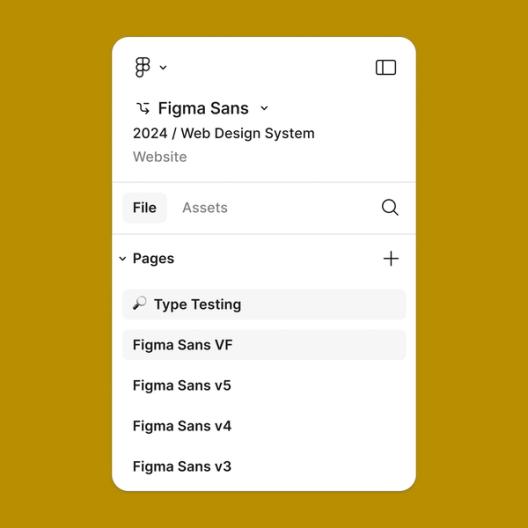 A panel showing the Figma file structure for "Figma Sans," a web design system. The file menu includes folders for "Type Testing," "Figma Sans VF," and versions v3 to v5, with tabs for "File" and "Assets."