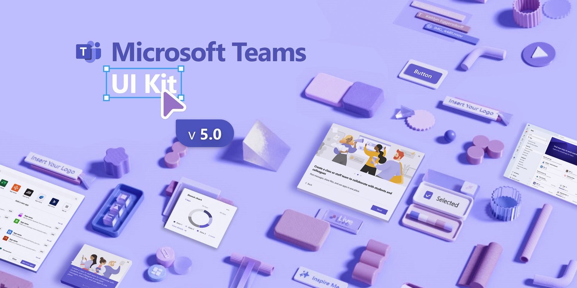 A dynamic UI kit preview for Microsoft Teams v5.0, highlighting collaborative tools and a playful, pastel-colored design aesthetic.