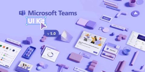 A dynamic UI kit preview for Microsoft Teams v5.0, highlighting collaborative tools and a playful, pastel-colored design aesthetic.