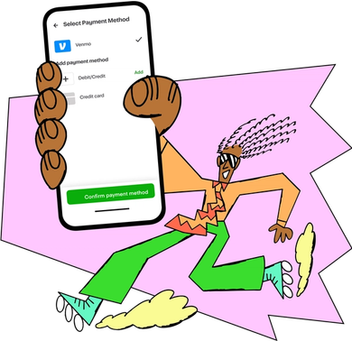 Cartoon character dances holding oversized phone screen displaying Venmo, debit, and credit card payment options.