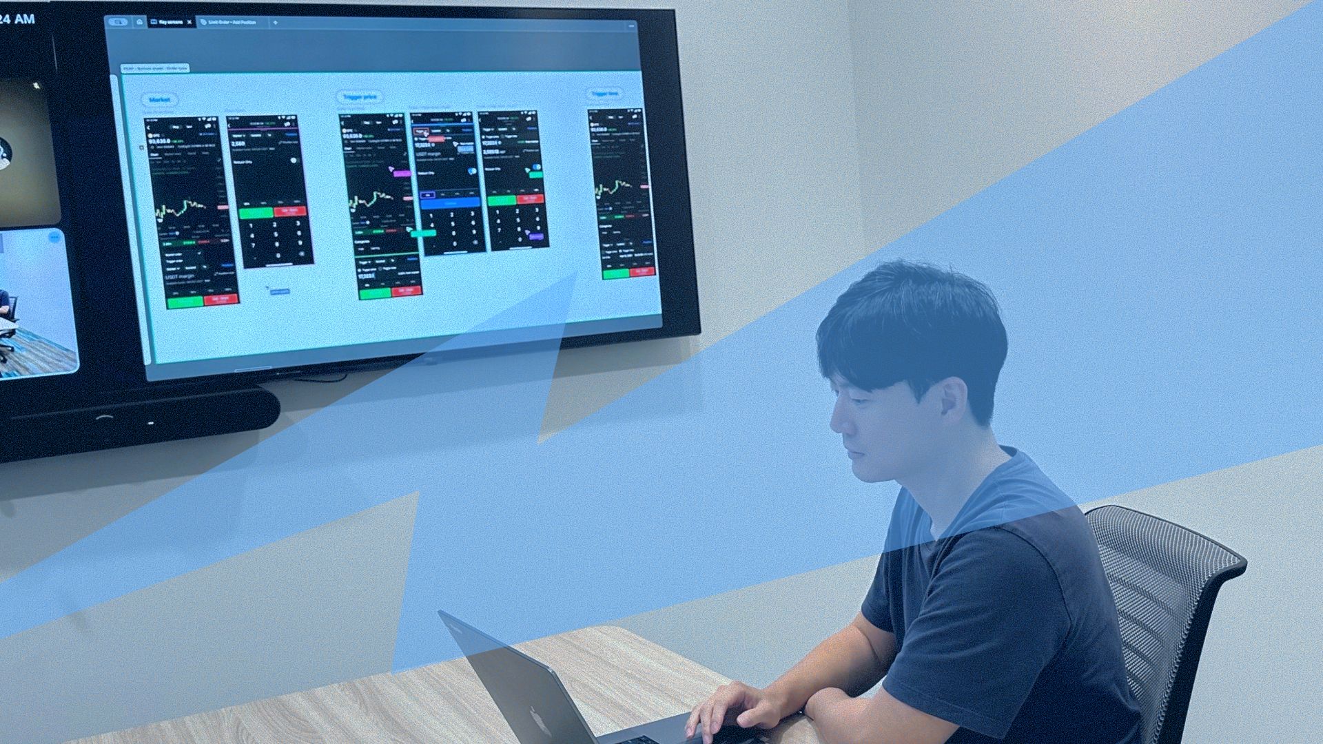 a flipster team member in a conference room with figma and zoom call members on wall