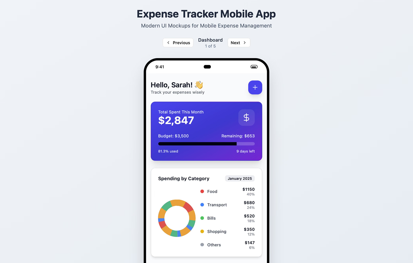 Screenshot of an expense tracker app, made with Figma Make.
