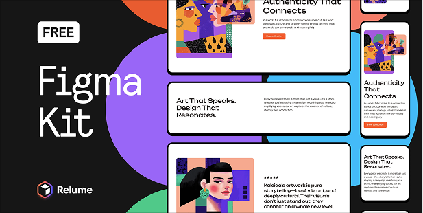 Relume Figma Kit v3.7 template preview featuring a colorful design system with vibrant illustrations, typography samples, and component layouts in purple, orange, and blue tones