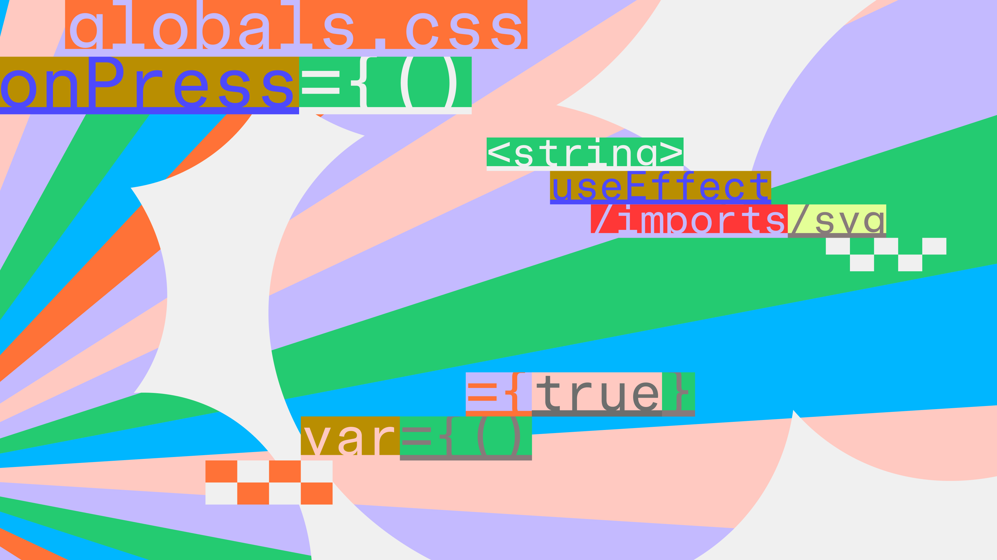 A colorful abstract illustration with bold diagonal bands of green, blue, orange, and lavender. Code snippets in monospace type float across the composition on vibrant color-block backgrounds. Two checkerboard patterns appear in opposite corners.