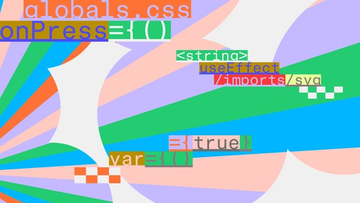 A colorful abstract illustration with bold diagonal bands of green, blue, orange, and lavender. Code snippets in monospace type float across the composition on vibrant color-block backgrounds. Two checkerboard patterns appear in opposite corners.