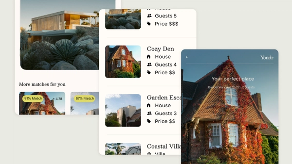 three screens highlighting places to stay and a house