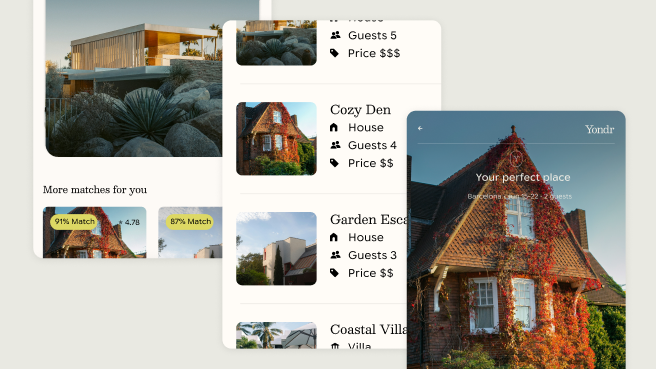 three screens highlighting places to stay and a house