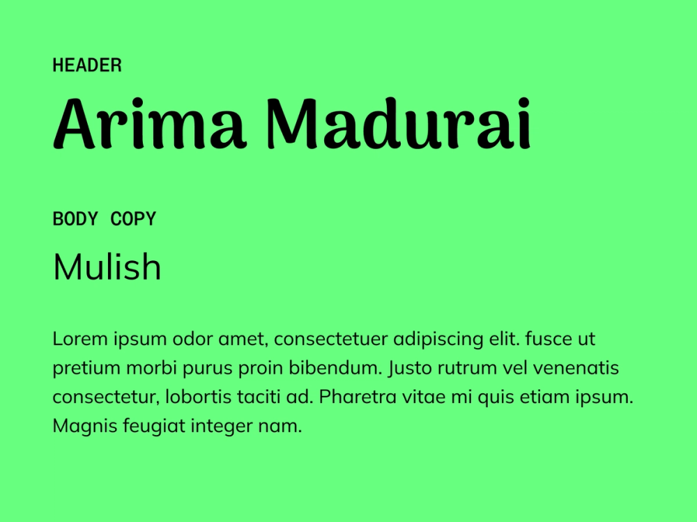 Example text showing Arima Madurai and Mulish as a font pairing.