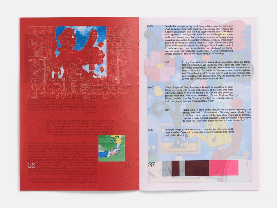 A full magazine spread shows text and graphics printed on transparent vellum. The left page has a red background.