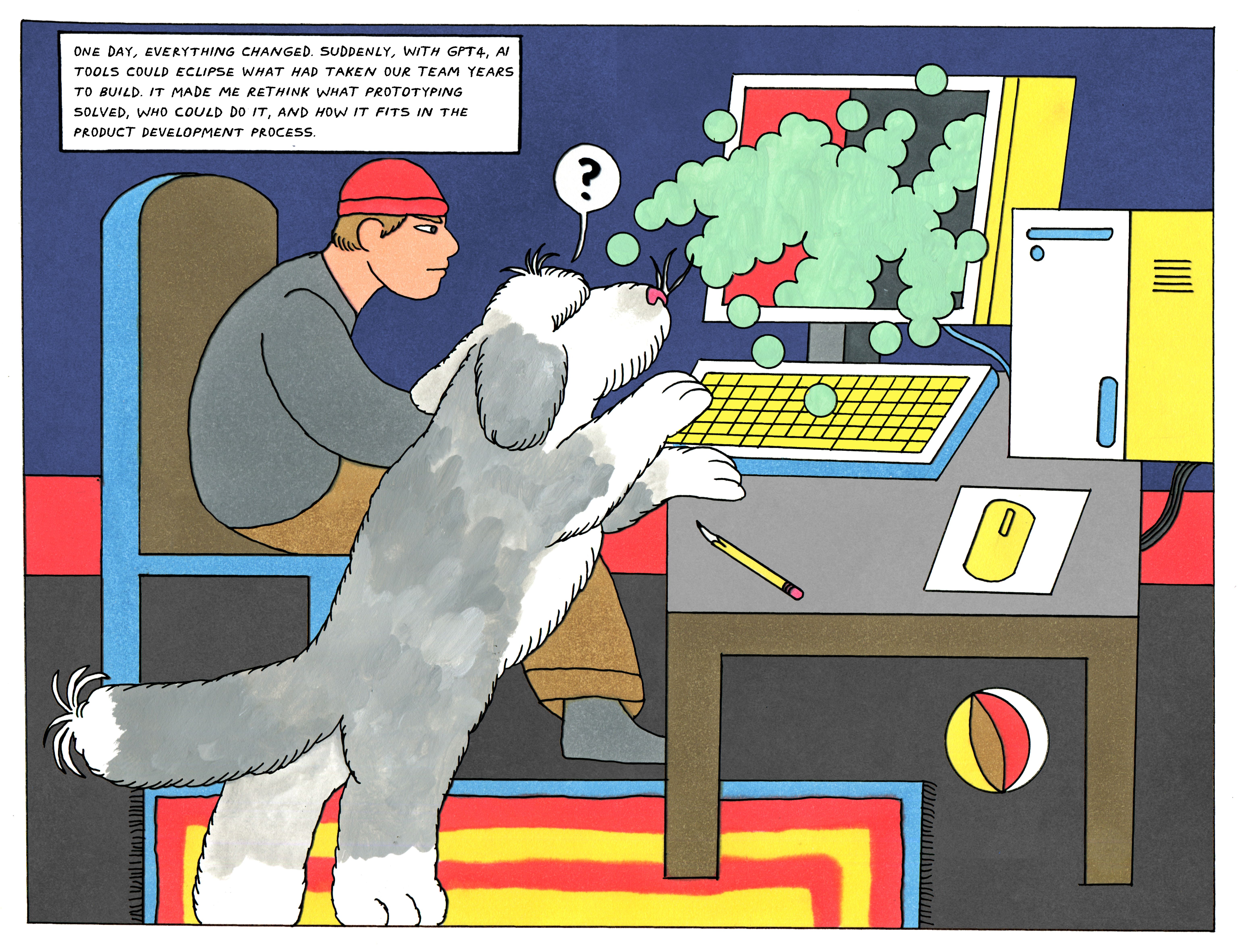 A designer and their dog stare at an AI-filled computer screen as they reconsider the role of prototyping.