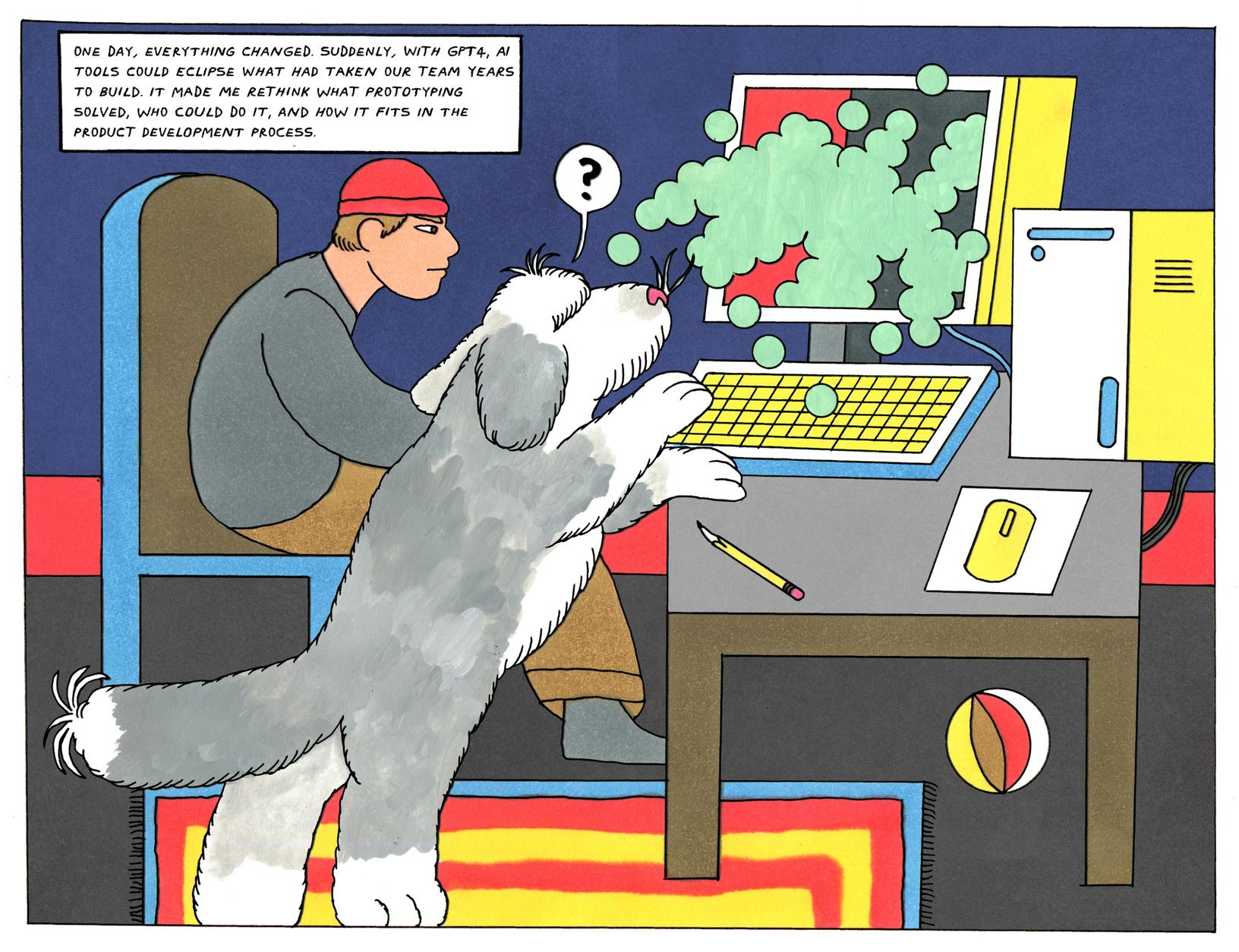 A designer and their dog stare at an AI-filled computer screen as they reconsider the role of prototyping.