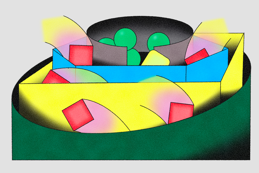 Abstract 3D illustration featuring various geometric shapes inside layered containers. Red cubes, yellow rounded shapes, and green spheres are arranged within overlapping blue, yellow, and green compartments, suggesting data or process organization.