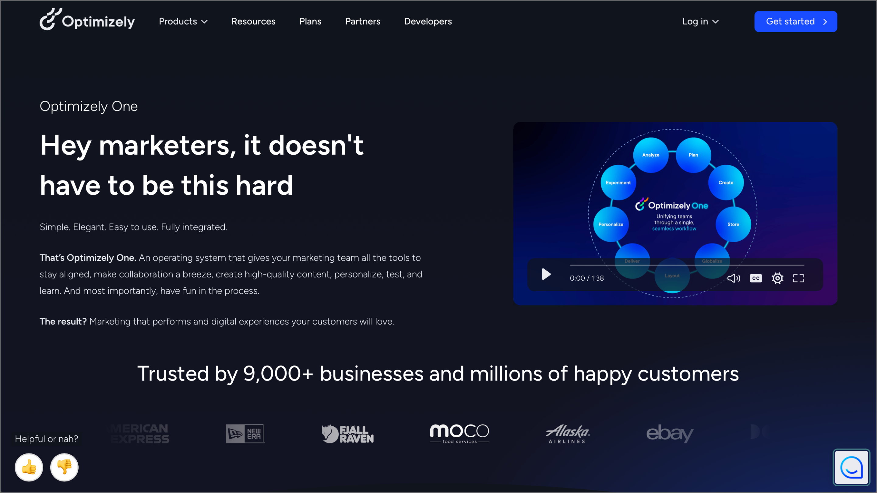 The Optimizely One home page, showcasing its product and testimonials.
