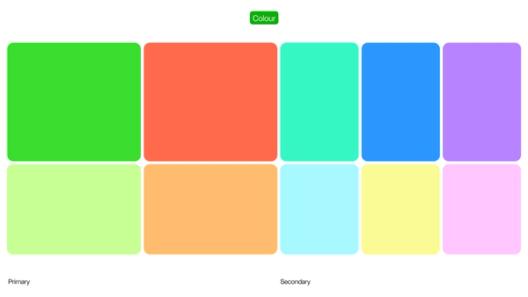 Grid of bold and pastel color blocks labeled primary and secondary, showing vibrant campaign palette.