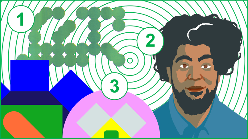1. A series of interconnected green circles form a random pattern 2. An illustrated portrait of a man with dark, curly hair and a beard 3. A supergraphic formed of blue, green, orange, and pink shapes