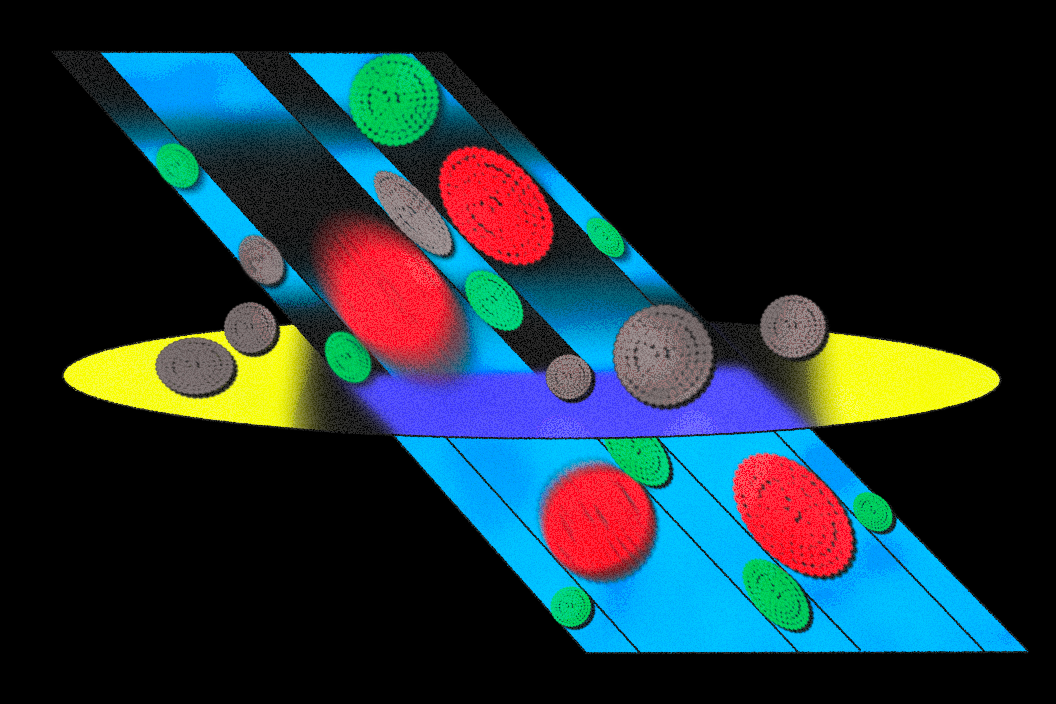 Colored objects move through angled blue lanes that intersect a yellow elliptical sieve filtering green, red, and gray particles.