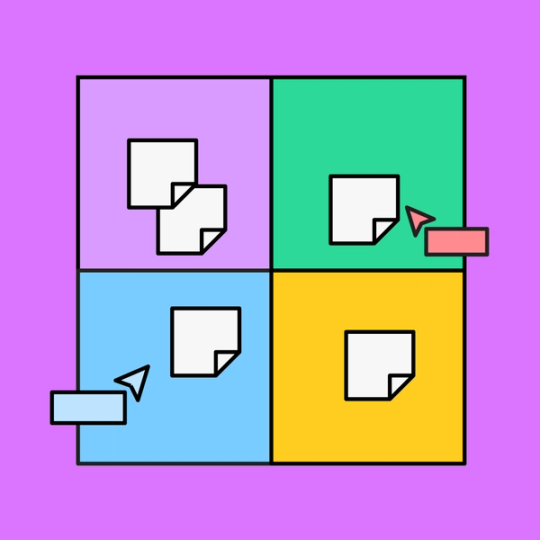 four colorful squares with white sticky notes overalyed on top