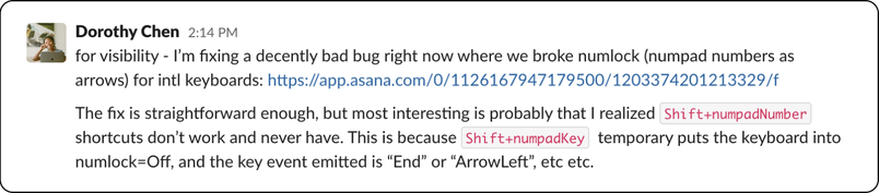 slack message from dorothy highlighting the numpad bug