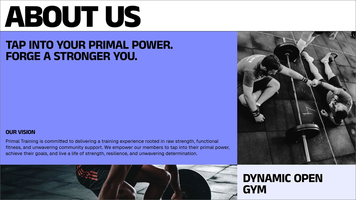 An about us page for a gym with photos of people working out.