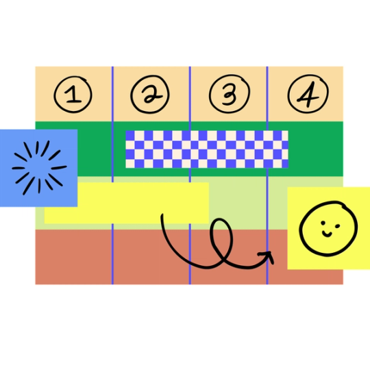 FigJamの和紙テープ、走り書きの数字、色付きの付箋、矢印を使用して抽象化された製品管理タイムライン。