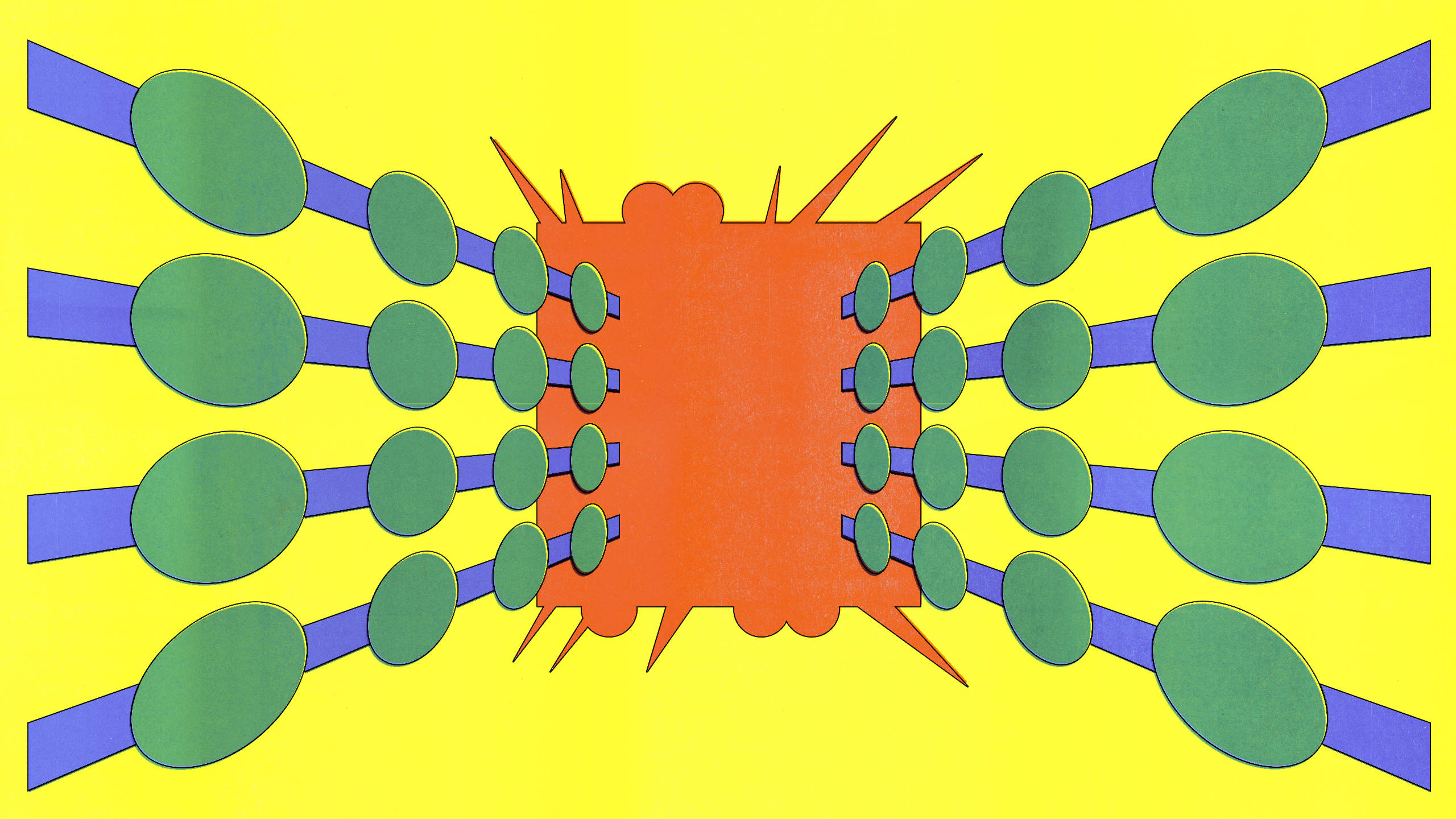 Image of a symmetrical abstract design with green and blue elliptical shapes radiating from a central orange square with spikes, against a yellow background.