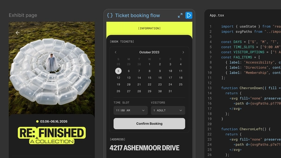 Produktkonzept mit geteiltem Bildschirm, das eine Ausstellungswebseite, eine generierte Schnittstelle zur Ticketbuchung und die dazugehörige React-Code-Implementierung nebeneinander zeigt und so den Workflow vom Design bis zum Code veranschaulicht.