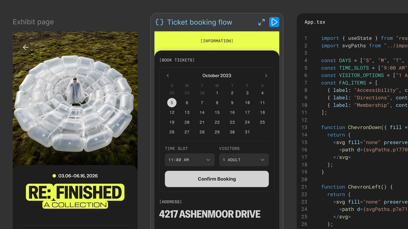 Split-screen product concept showing an exhibit webpage, a generated ticket-booking interface, and the corresponding React code implementation side by side, illustrating a design-to-code workflow.