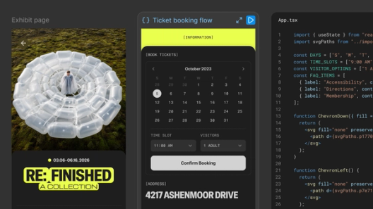 Split-screen product concept showing an exhibit webpage, a generated ticket-booking interface, and the corresponding React code implementation side by side, illustrating a design-to-code workflow.