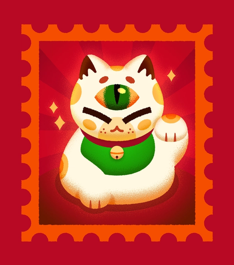 Glückskatzenfigur mit grünem Auge auf einem Briefmarkendesign mit rotem Hintergrund.