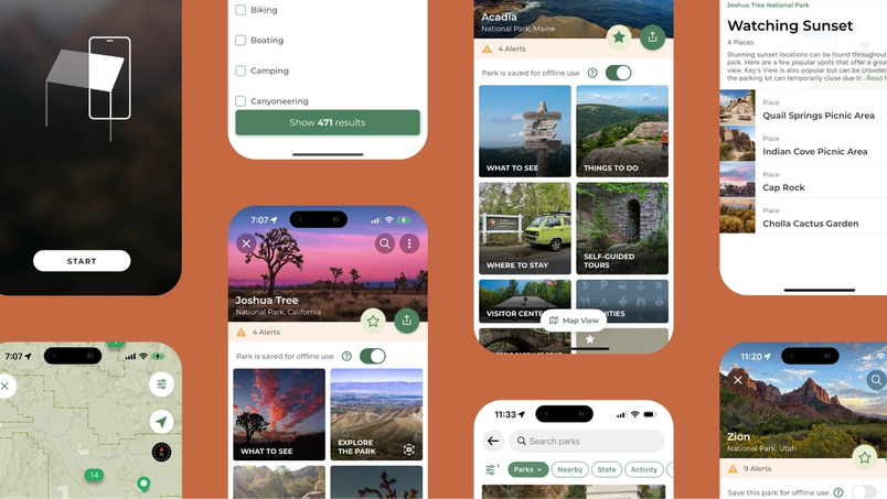 UX examples from the app are collaged over a burnt sienna background