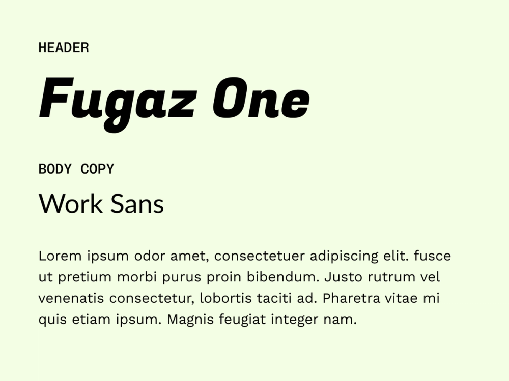 Example text showing Fugaz One and Work Sans as a font pairing.