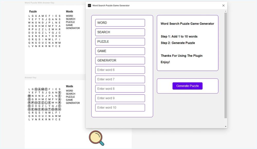 A screenshot of a Word Search puzzle plug-in in the Figma Community. 