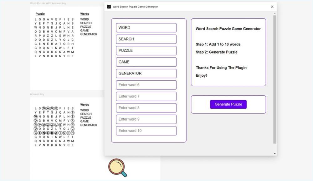 A screenshot of a Word Search puzzle plug-in in the Figma Community.