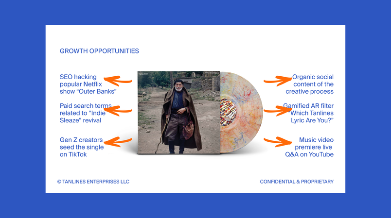 A slide from Tanlines music video with a photo of The Big Mess vinyl album and several growth opportunities