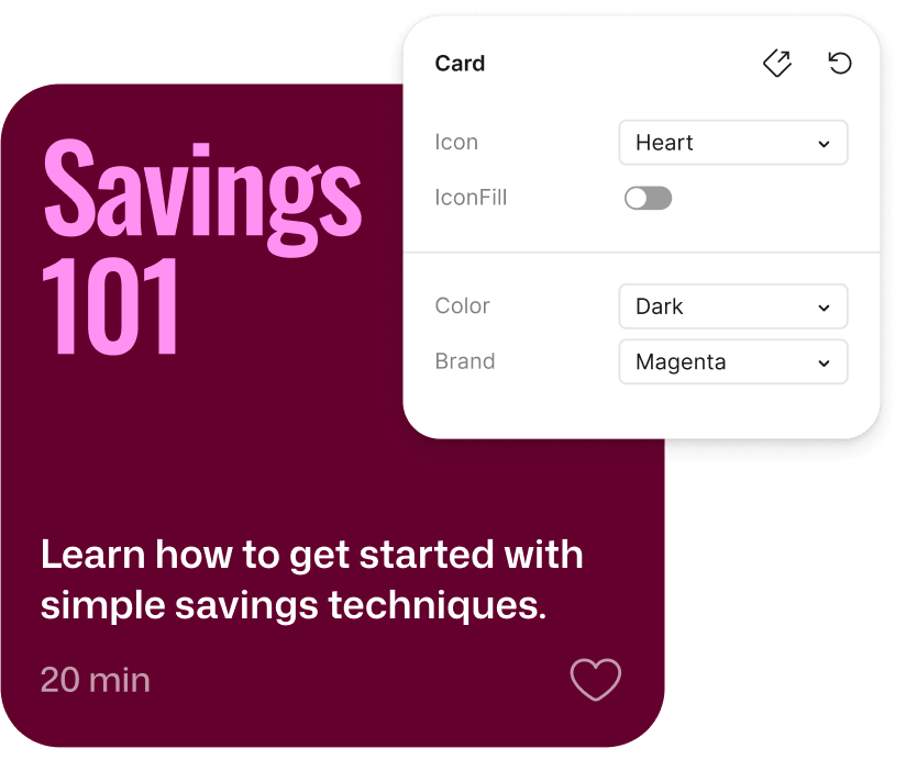 A product screen with an overlay of all the components available to the developer, like dark mode and the brand color