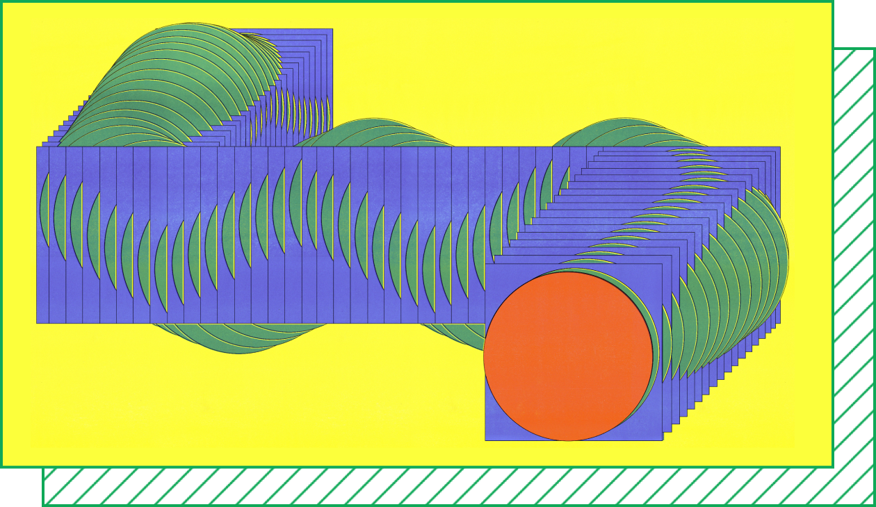 A graphic shows cross-sections of a green circle snaking through blue squares on a bright yellow background.