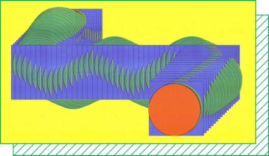 A graphic shows cross-sections of a green circle snaking through blue squares on a bright yellow background.