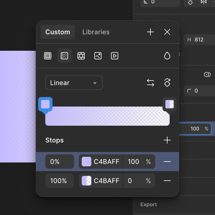 Figma gradient fill panel showing a linear red gradient with two color stops, hex value #FF0000, and opacity controls.