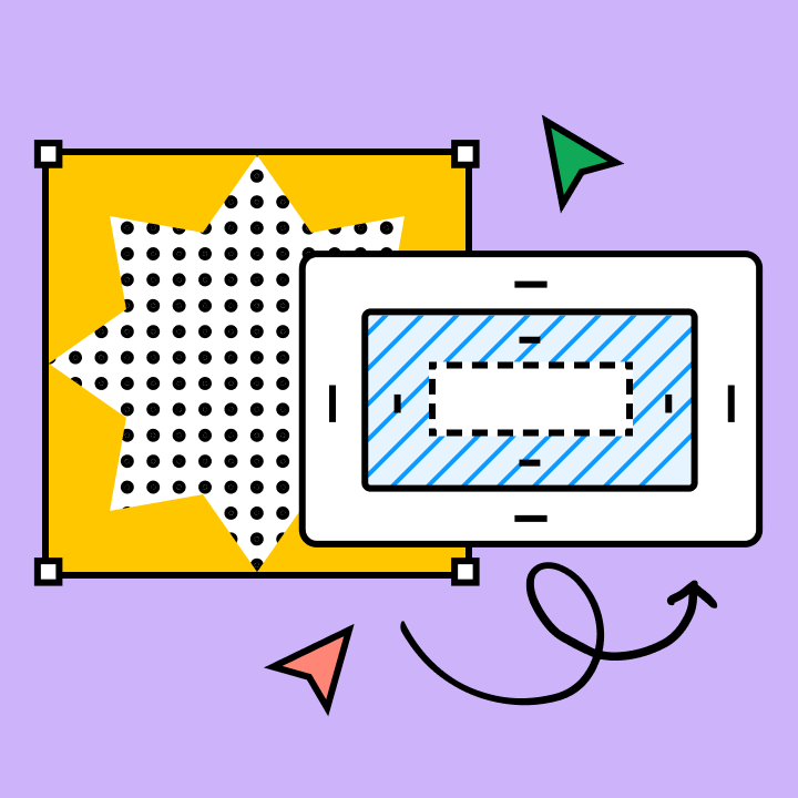 A graphic representation of a selected shape and a CSS box model on a purple background.