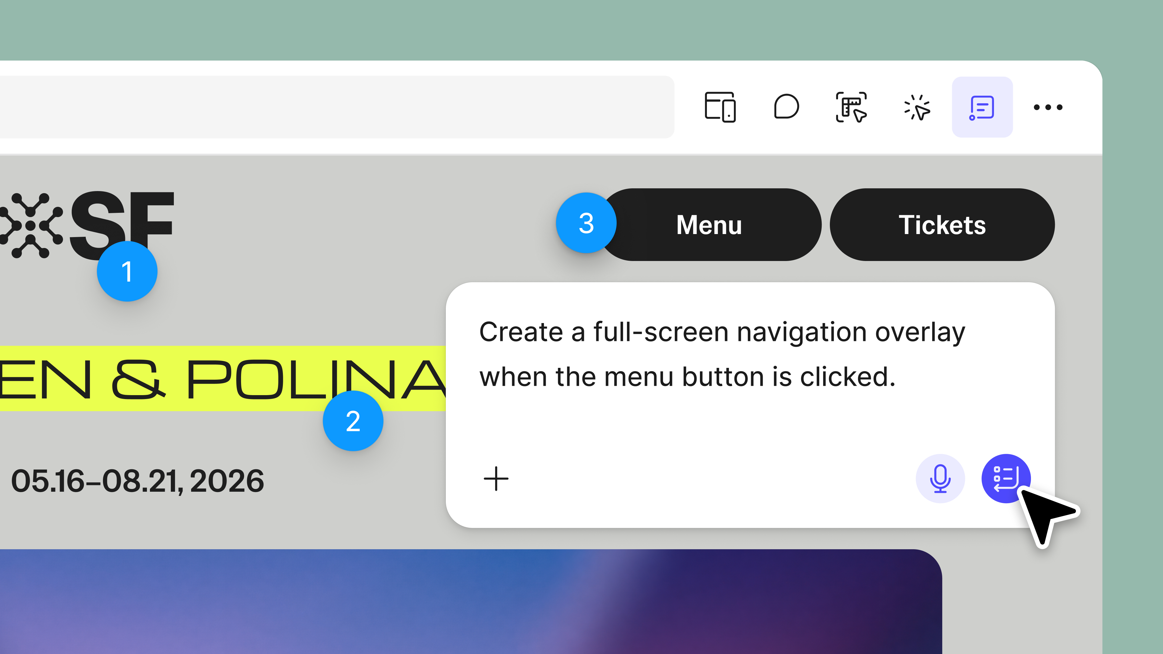 Figma toolbar with the annotations button highlighted. Blue numbered annotations with a new prompt asking the Make agent to create a full screen navigation overlay when the menu button is clicked.