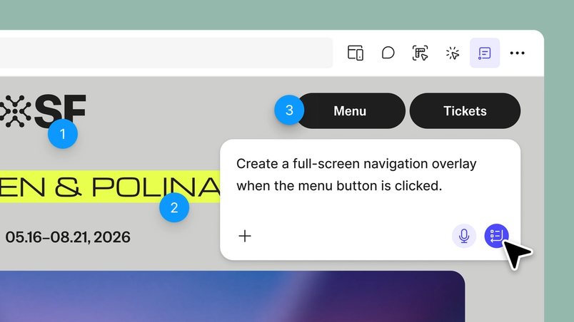 Figma toolbar with the annotations button highlighted. Blue numbered annotations with a new prompt asking the Make agent to create a full screen navigation overlay when the menu button is clicked.