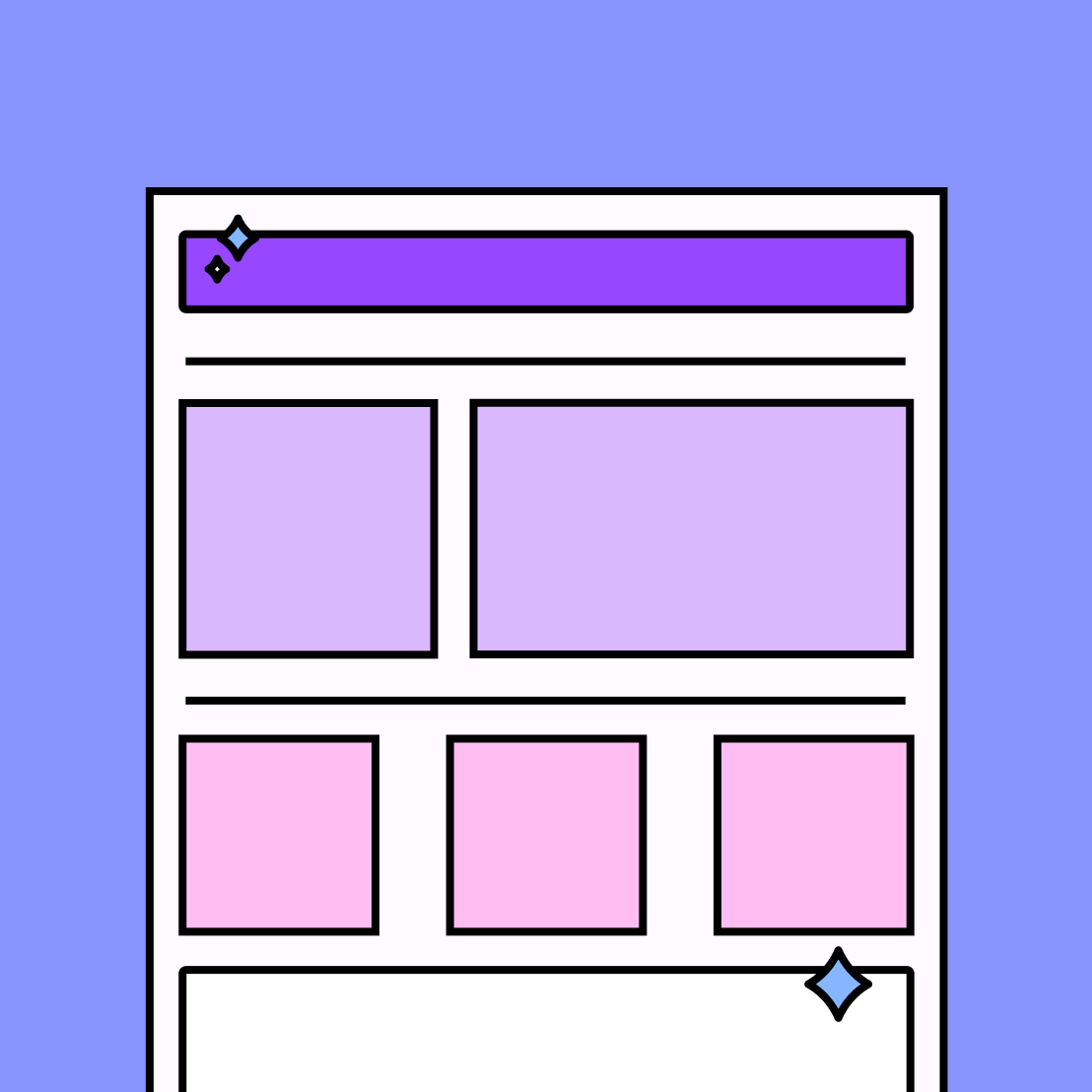 sheet of paper with pink and purple boxes in a layout