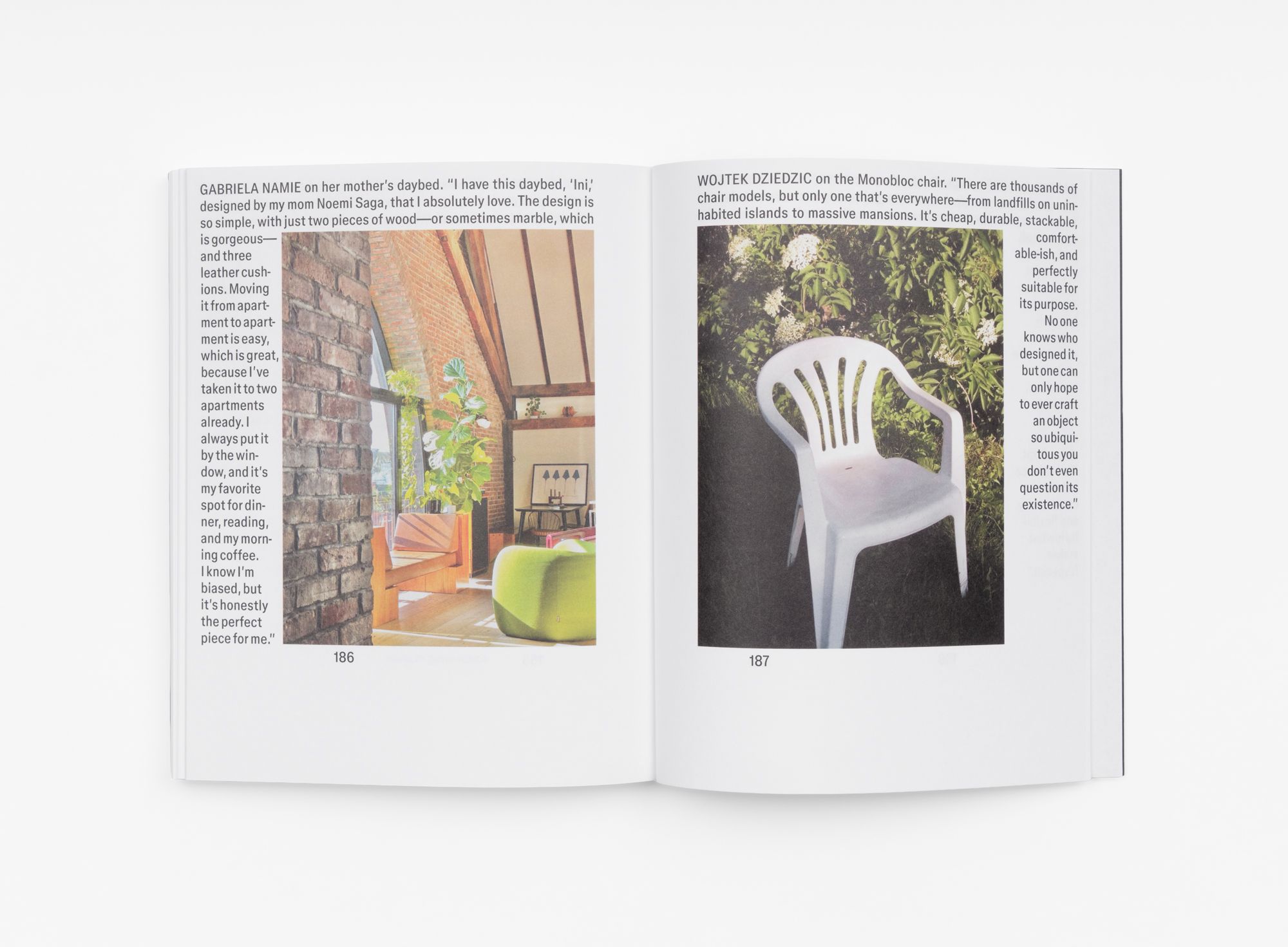 An open book displays two pages featuring personal reflections on favorite furniture pieces, accompanied by photos of a stylish indoor daybed and a ubiquitous white plastic chair.