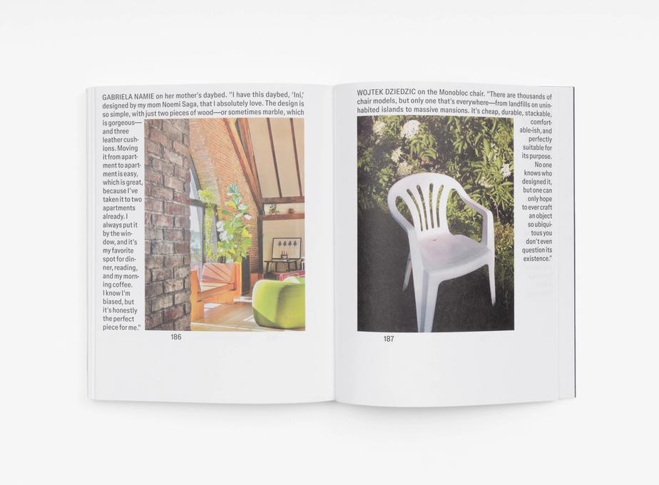 An open book displays two pages featuring personal reflections on favorite furniture pieces, accompanied by photos of a stylish indoor daybed and a ubiquitous white plastic chair.