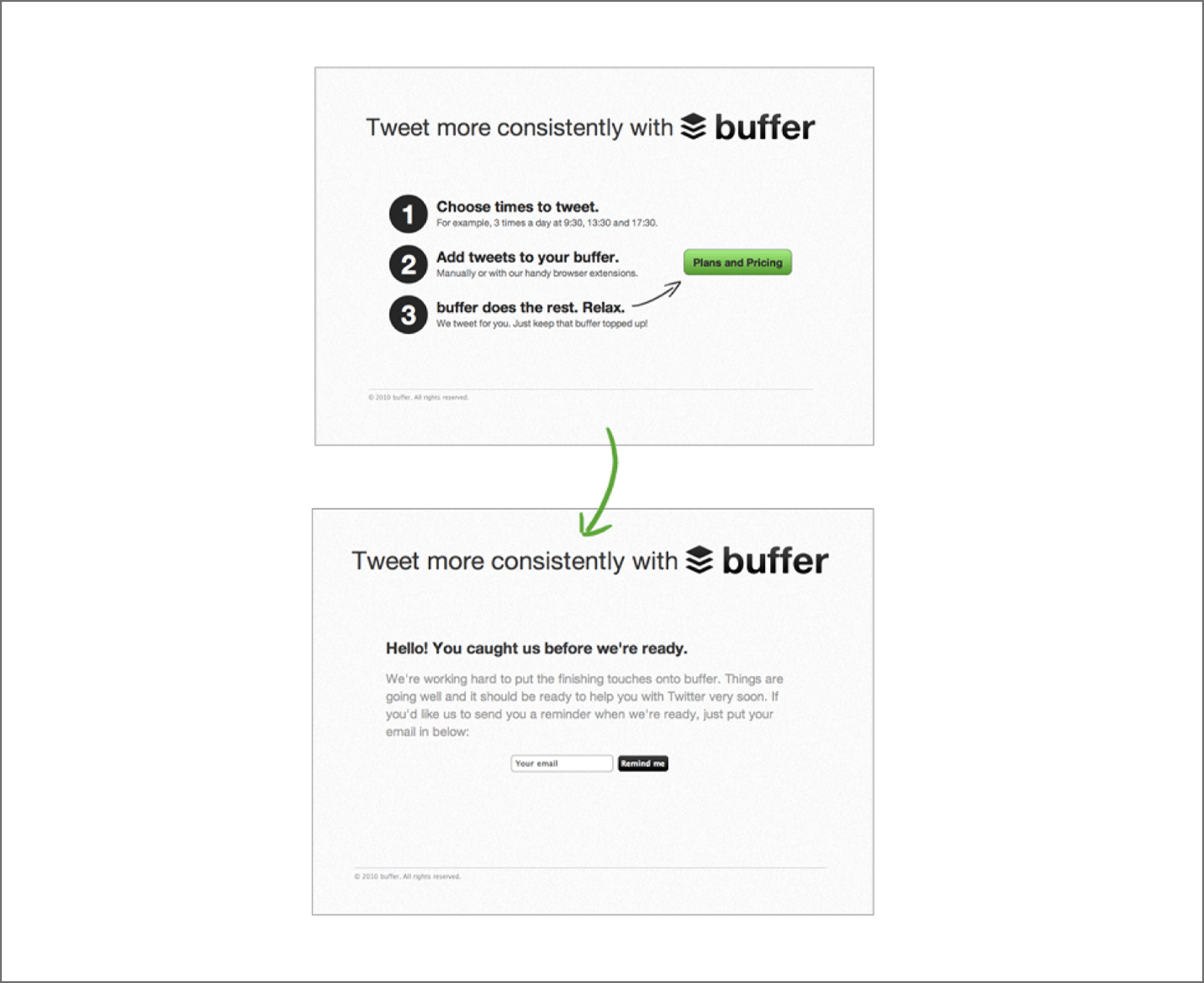Screenshot of Buffer’s website, on a page that shows screenshots of their original landing page MVP.