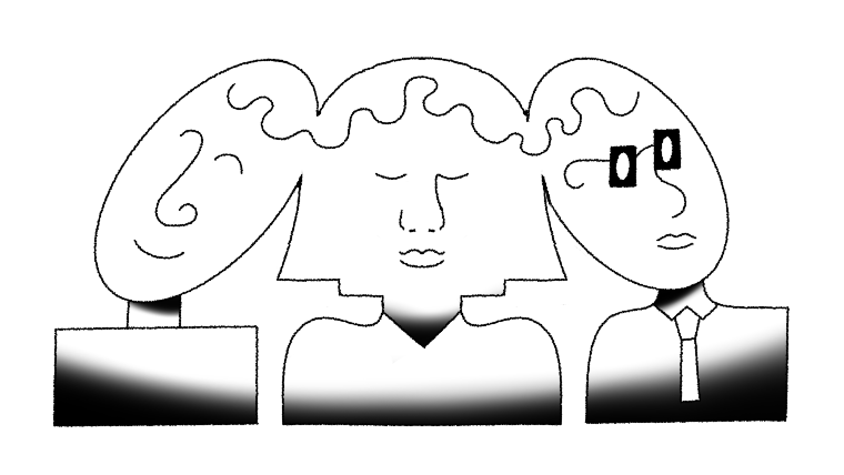 An illustration shows three people with their heads joining at the temples, connected by a wiggly hairline.