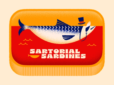 Eine Illustration einer Sardinendose zeigt eine Sardine mit einem Zylinder, die in einem roten Ozean über den Worten „sartorial Sardines“ schwimmt