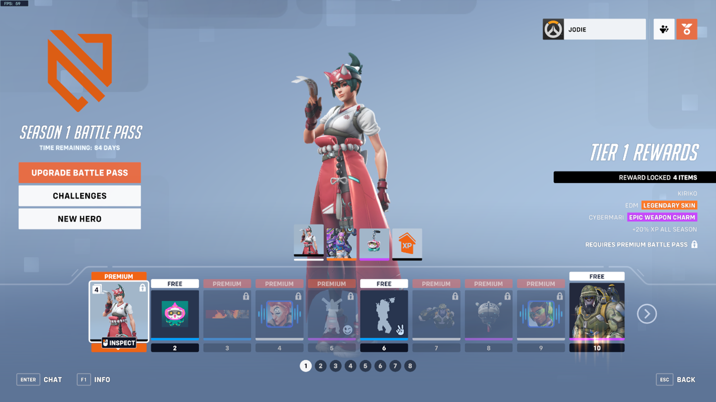 Overwatch 2 Season 1 Battle Pass screen showing the character Kiriko, reward tiers, premium items, and upgrade options.