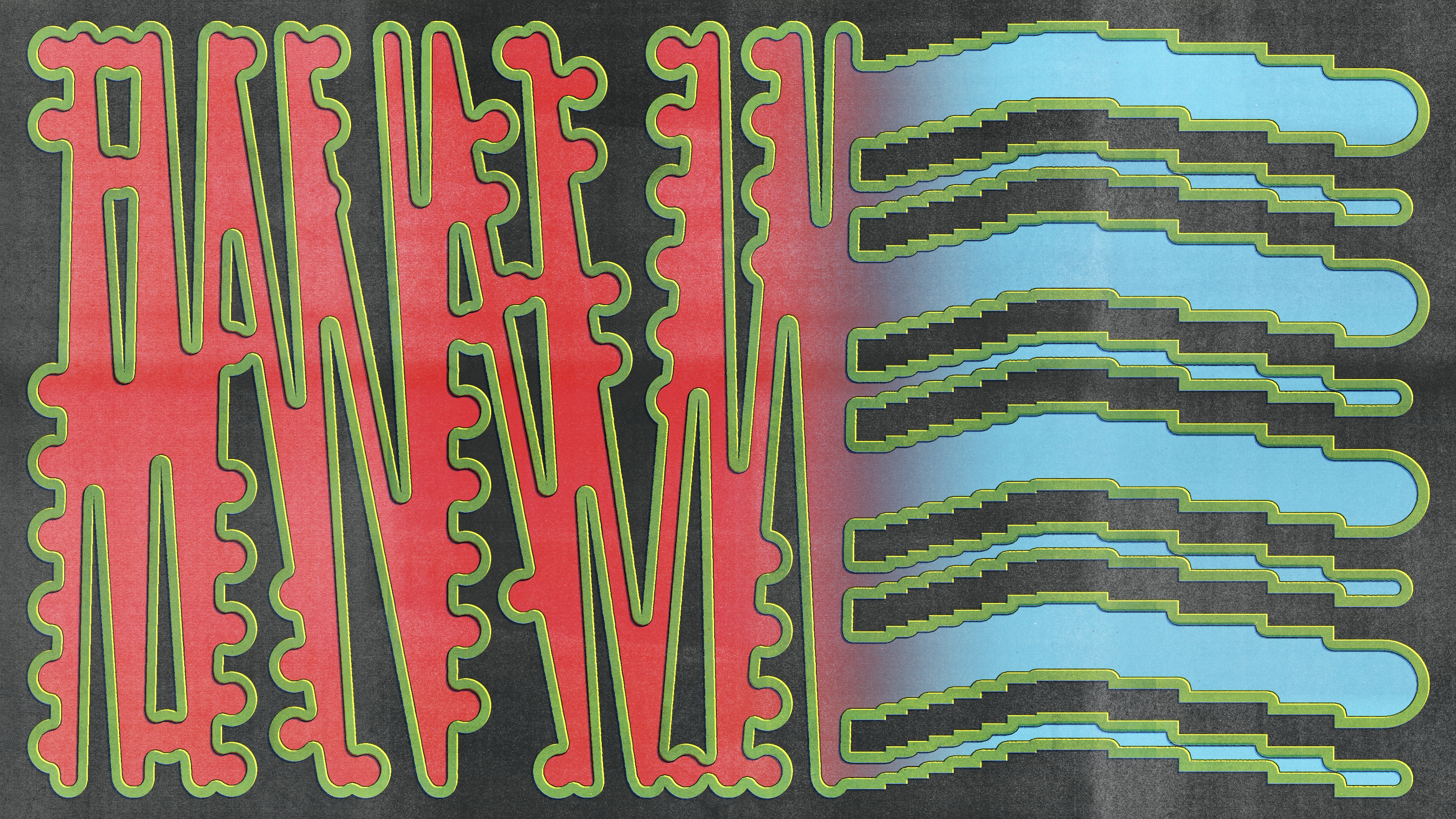 Obra de arte digital abstracta con formas tubulares distorsionadas de color rojo y azul perfiladas en verde sobre un fondo oscuro con textura, que pasa de formas verticales densas a la izquierda a formas horizontales alargadas a la derecha.